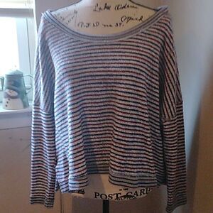 🏵FREE PEOPLE BURGUNDY,BLUE & WHITE STRIPED DISTRESSED BOATNECK CROPPED TOP XS